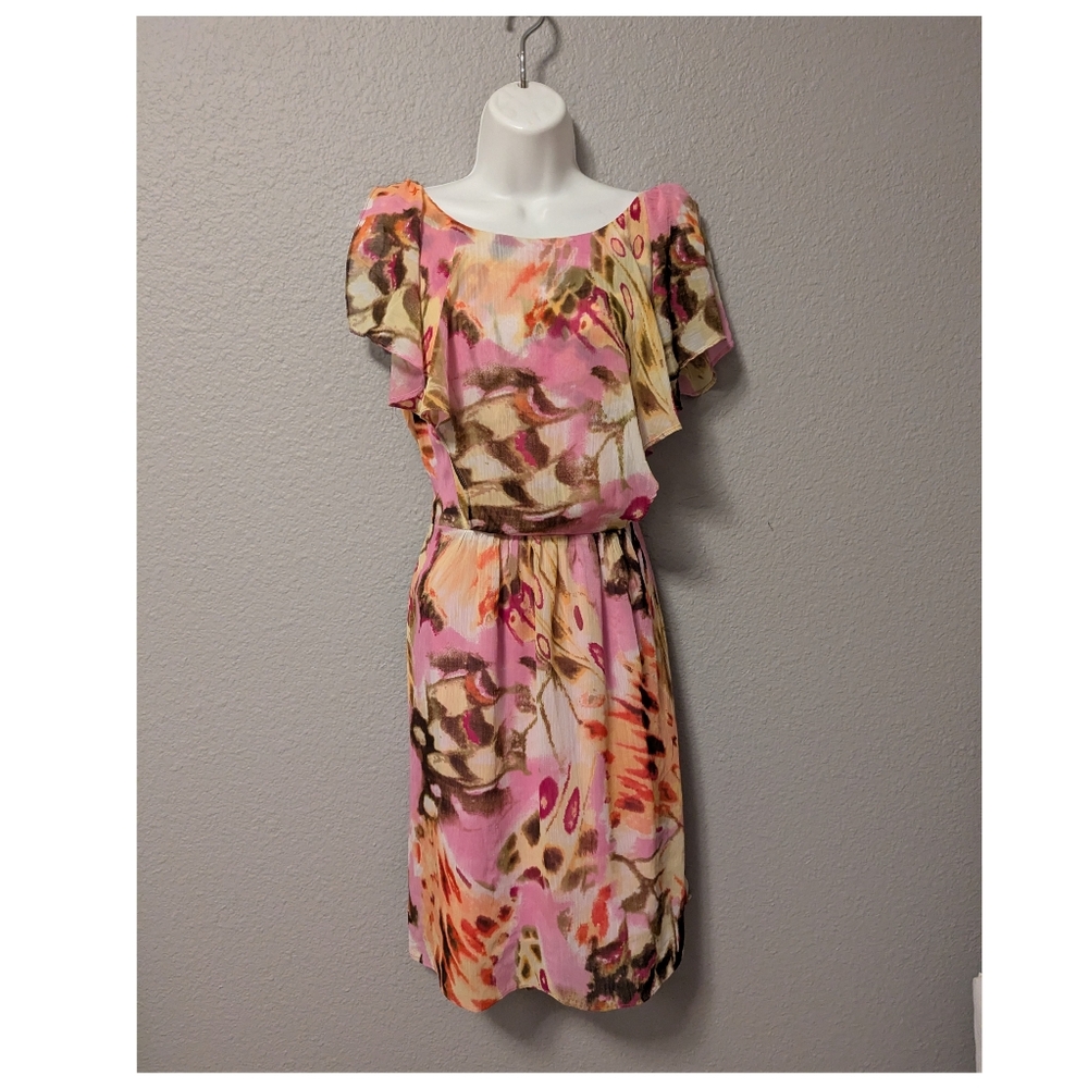 Emma & Michele Pink and Brown Floral Mini Dress Chiffon Overlay Sz. 12 - Picture 12 of 12